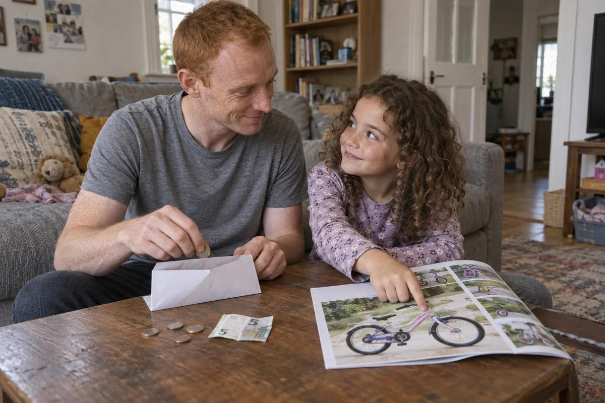 Un padre aparta dinero en un sobre mientras su hija señala la bicicleta para la que están ahorrando.