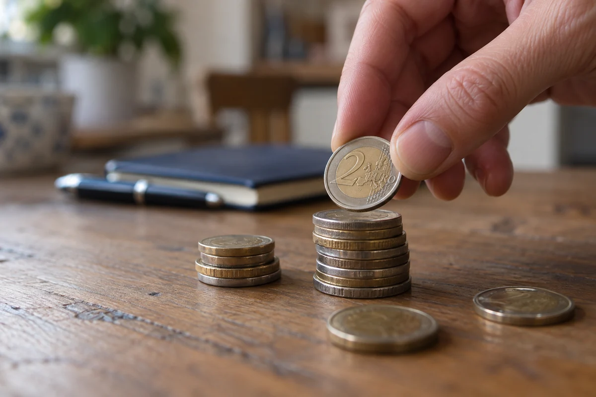 Una mano añade una moneda de dos euros a un pequeño montón sobre la mesa.