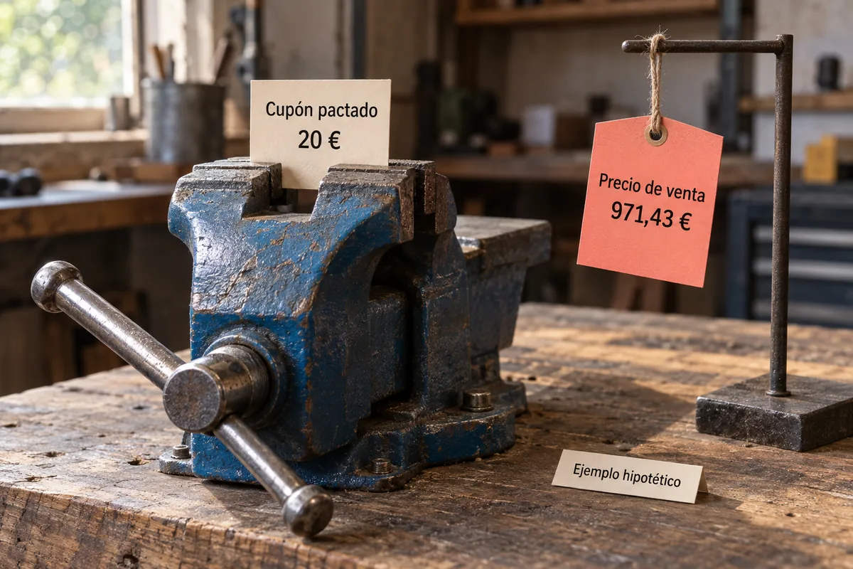 Un tornillo de taller sujeta una tarjeta con el cupón pactado de 20 euros; al lado cuelga el precio de venta de 971,43 euros del ejemplo.