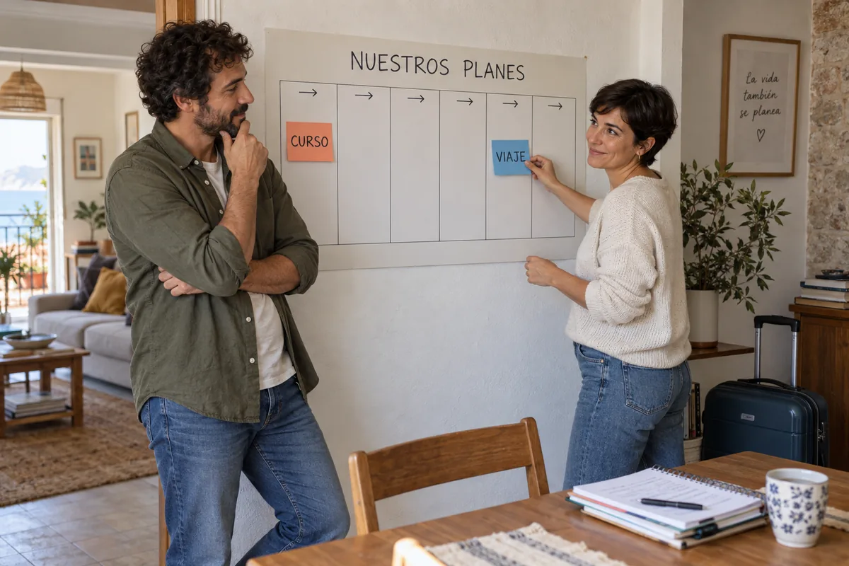 Una pareja compara dos planes en un calendario y desplaza la tarjeta del viaje a una fecha posterior.