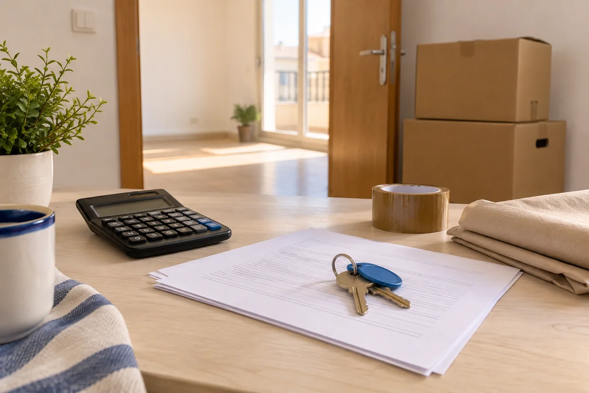 Llaves, un contrato y una calculadora en un piso vacío, con cajas de mudanza al fondo.