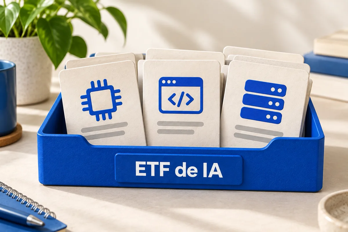 Un archivador azul rotulado ETF de IA reúne tarjetas con símbolos de chips, software y servidores.
