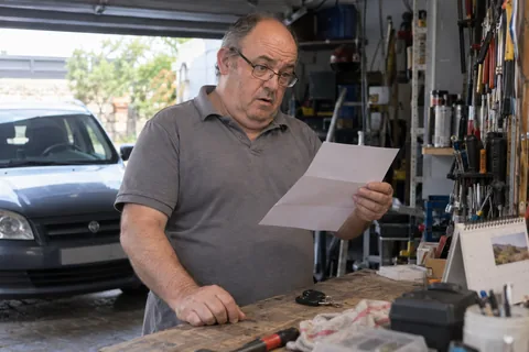 Un hombre mira con fastidio un recibo junto a las llaves del coche y un calendario.