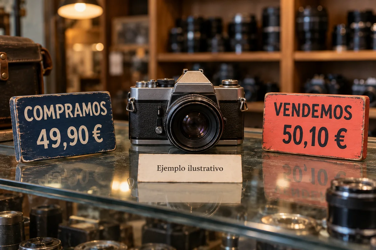 Una cámara entre dos carteles de una tienda ficticia: compramos a 49,90 euros y vendemos a 50,10 euros.
