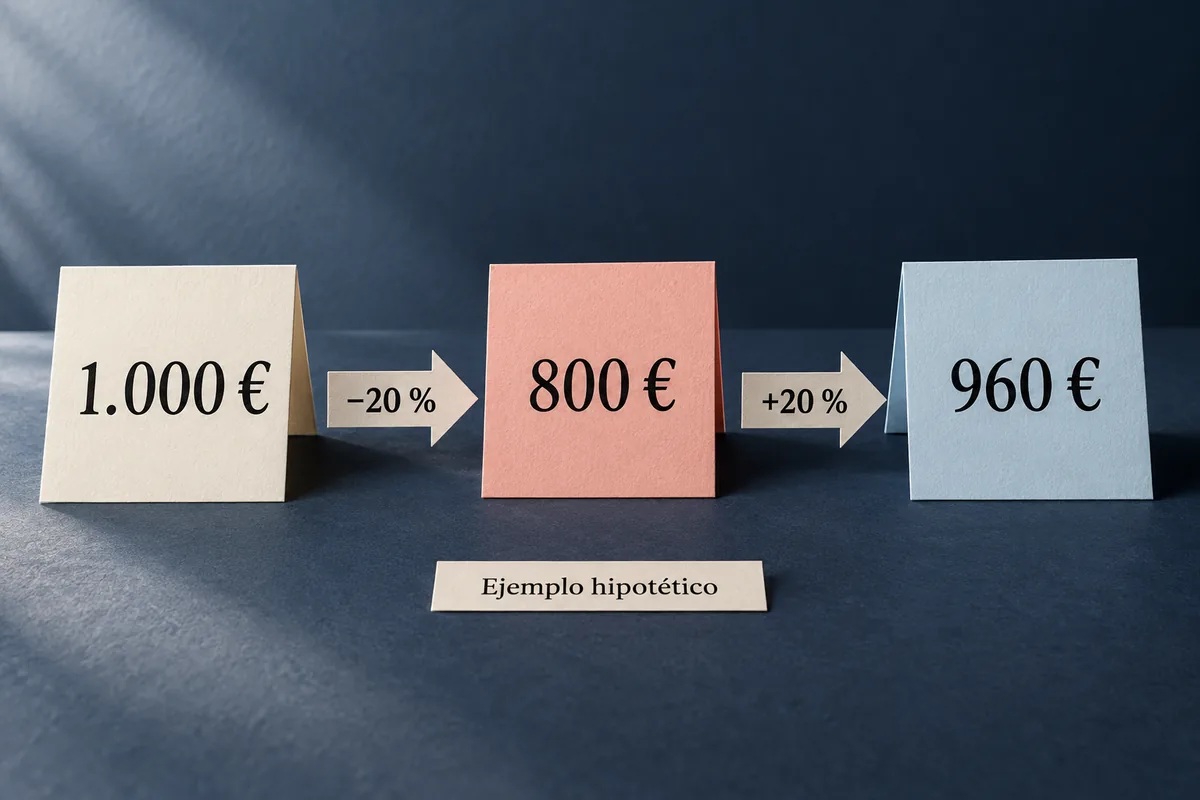 Tres tarjetas muestran 1.000 euros, 800 euros tras bajar un 20 % y 960 euros tras subir después un 20 %.