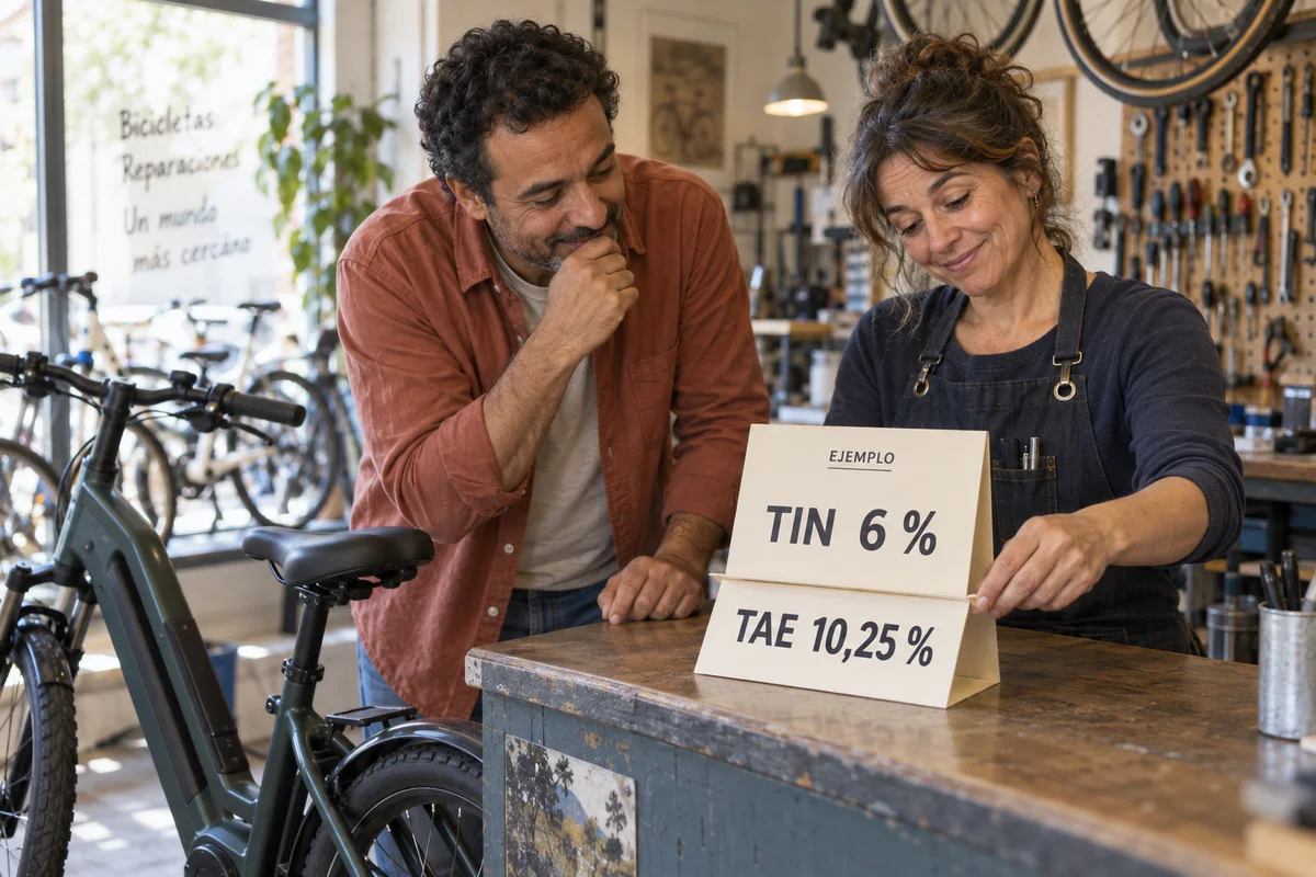 Un cliente y una mecánica despliegan un cartel de ejemplo con TIN del 6 % y TAE del 10,25 %.